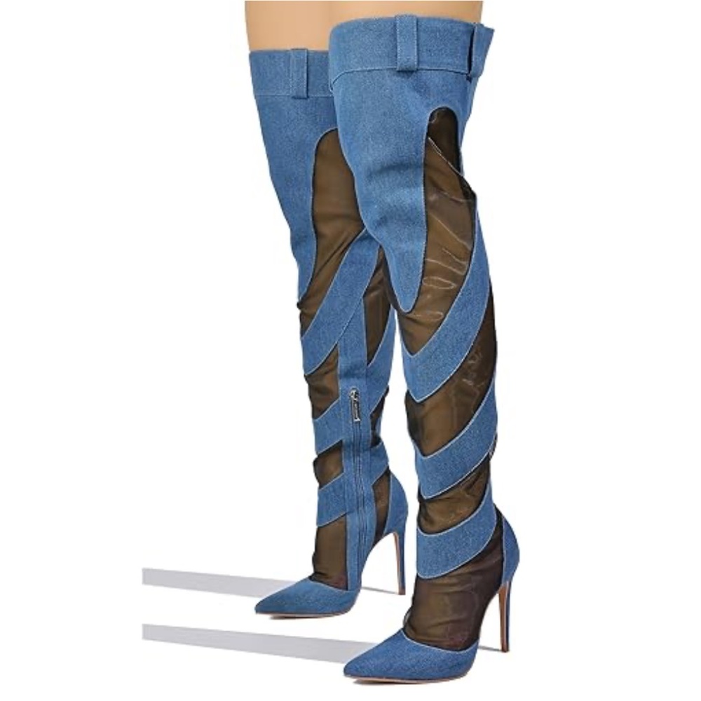 •CAPE ROBBIN• “Mandali” Mesh Denim Thigh High Boots - Blue & Black // NIB - Picture 3 of 14